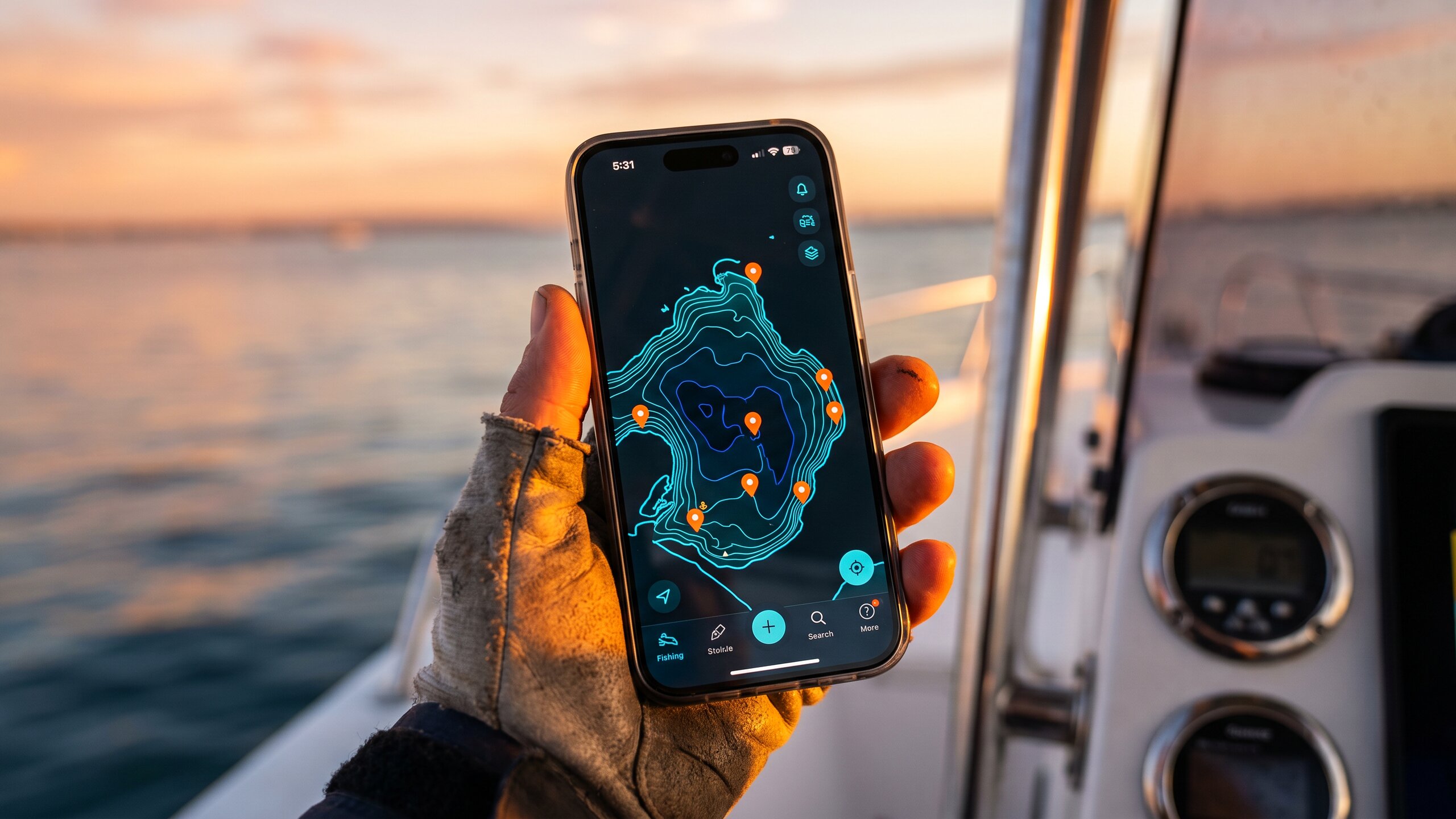 BayCast fishing app showing Port Phillip Bay bathymetry on a phone